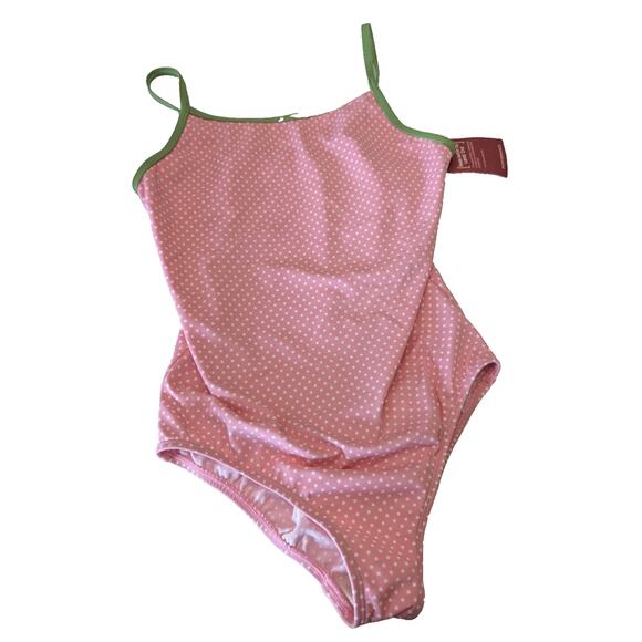 Lands‎ End Girls size 14 Pink Polka Dot Swimsuit with Green trim NWT Cute Preppy - Picture 1 of 4